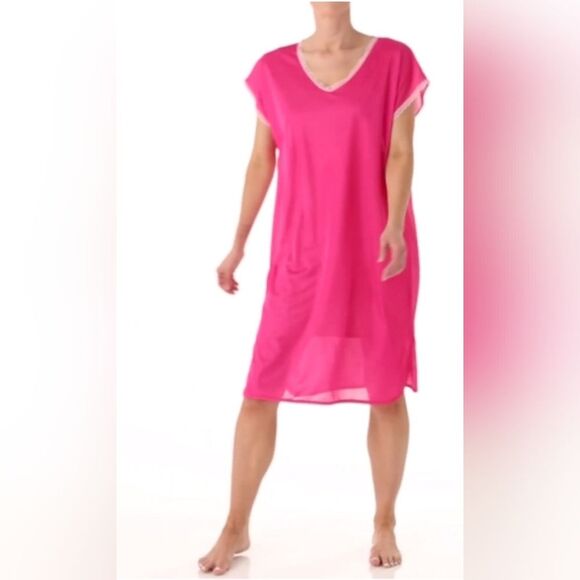 Amerimark Semi-transparent Silky V-neck Short Sleeve Nightie Lightweight Pink, L - Picture 3 of 9